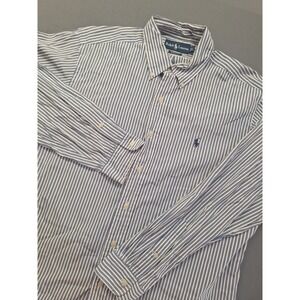 Vintage Polo Ralph Lauren Button Down Shirt Mens Large White Blue Striped Preppy